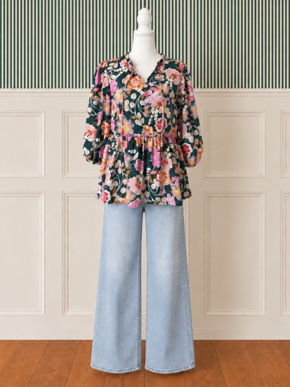 Green Floral Babydoll Peplum Top M Boho Cottagecore Puff Sleeves